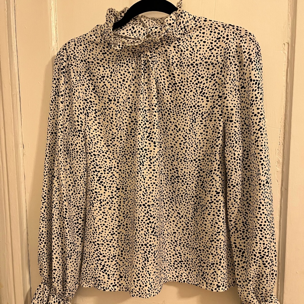 Shein women’s polka dot work top. Black and white, ruffled and high neckline